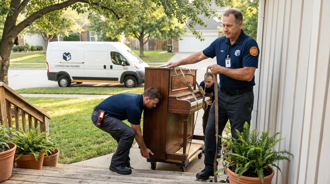 Licensed piano movers securing grand piano in Petal, MS