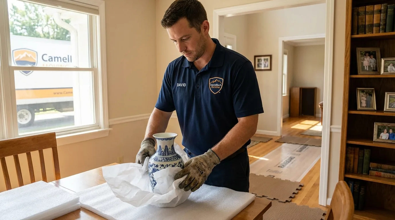 Professional crew carefully wrapping antique vase for senior downsizing move in Petal, MS
